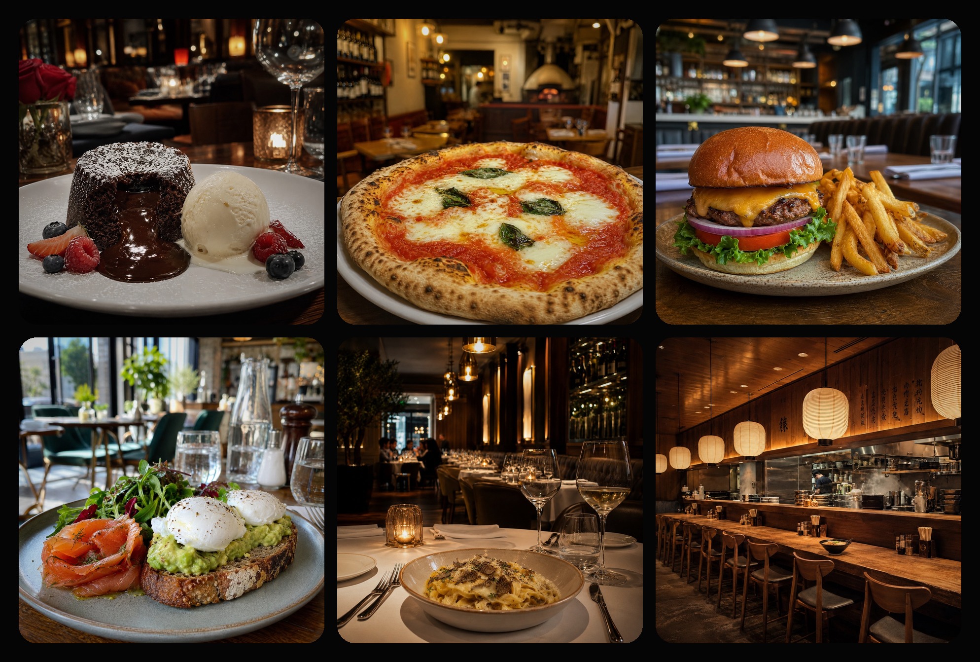 Grid of realistic dessert, pizza, burger, brunch, and restaurant food visuals for bakery, pizzeria, and delivery brand use cases.