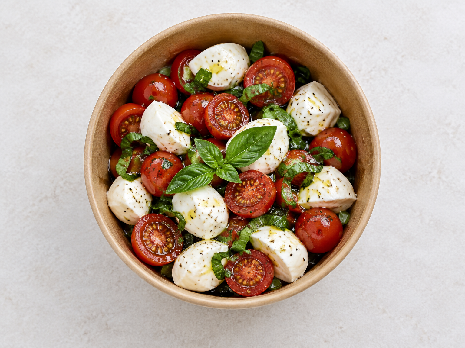 Tomato, mozzarella and basil takeaway salad generated by the same GPT image model with the plain request only