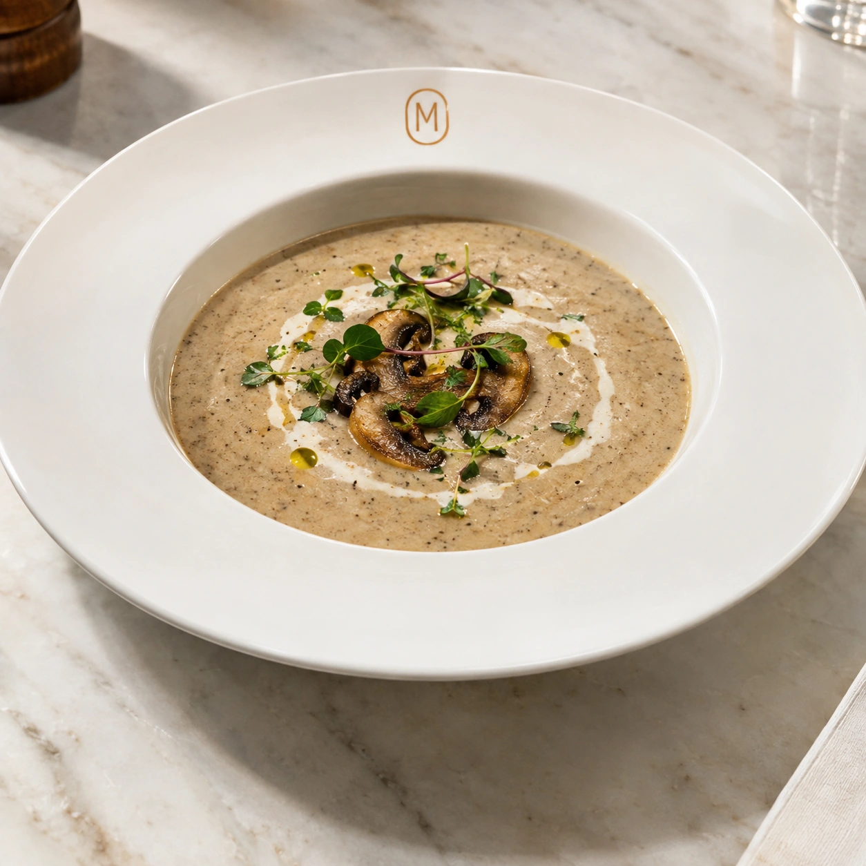 Creamy mushroom soup in a white bowl with a centered copper M monogram
