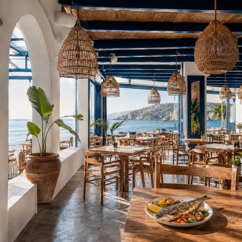 Roasted fish with vegetables composed into a seaside restaurant scene