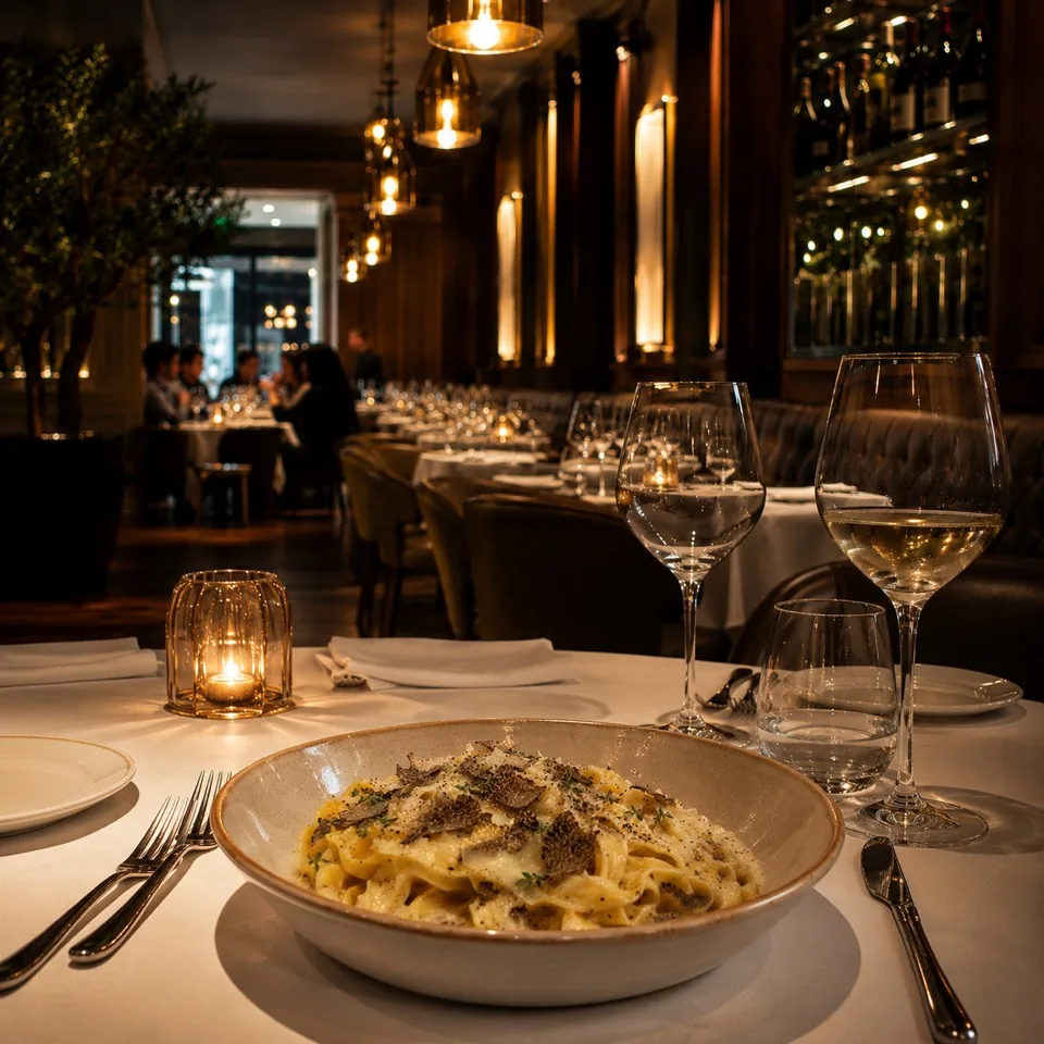 The same truffle pasta placed into a polished restaurant scene