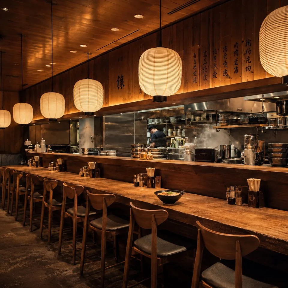 Composed ramen bowl in a finished restaurant setting