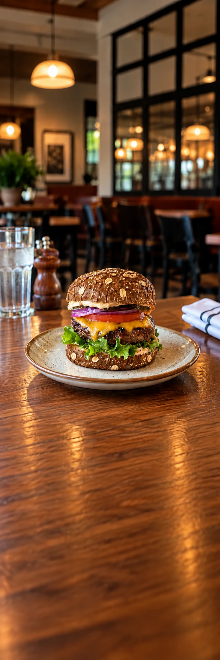 Burger after changing the buns to dark grain bread and adding seeds