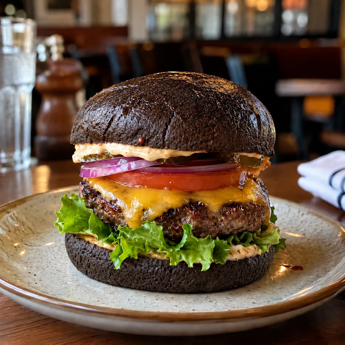 Burger after changing the buns to dark grain bread