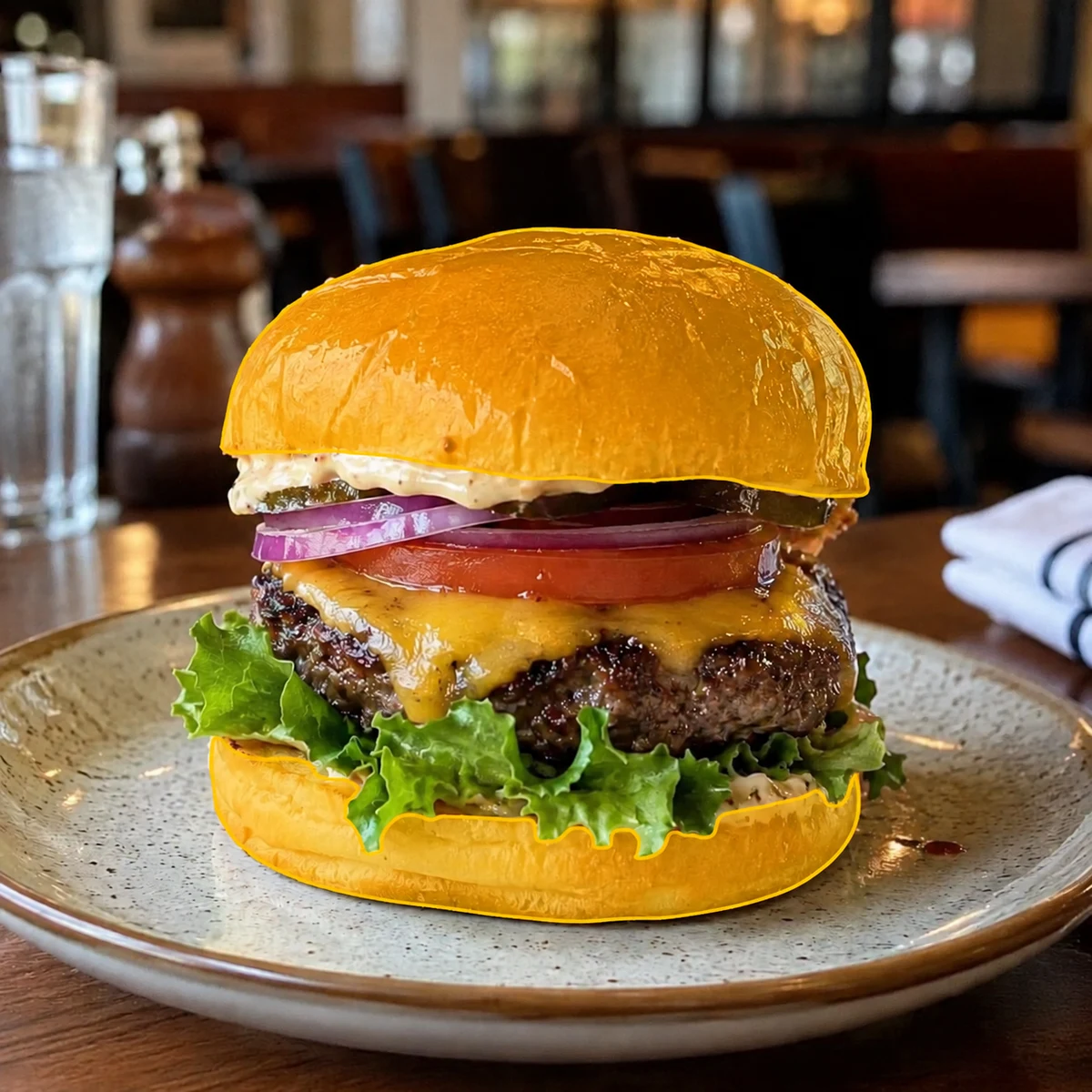 Burger buns selected with a gold mask