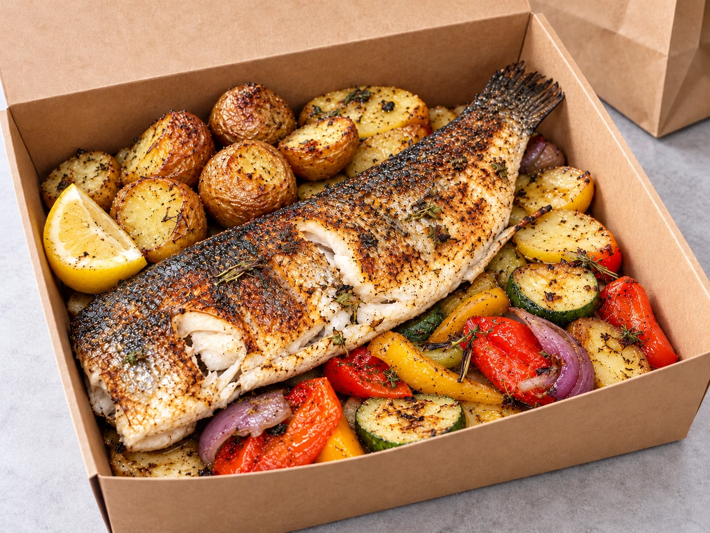 Final result: more appetizing roasted fish and vegetables placed in the takeaway box