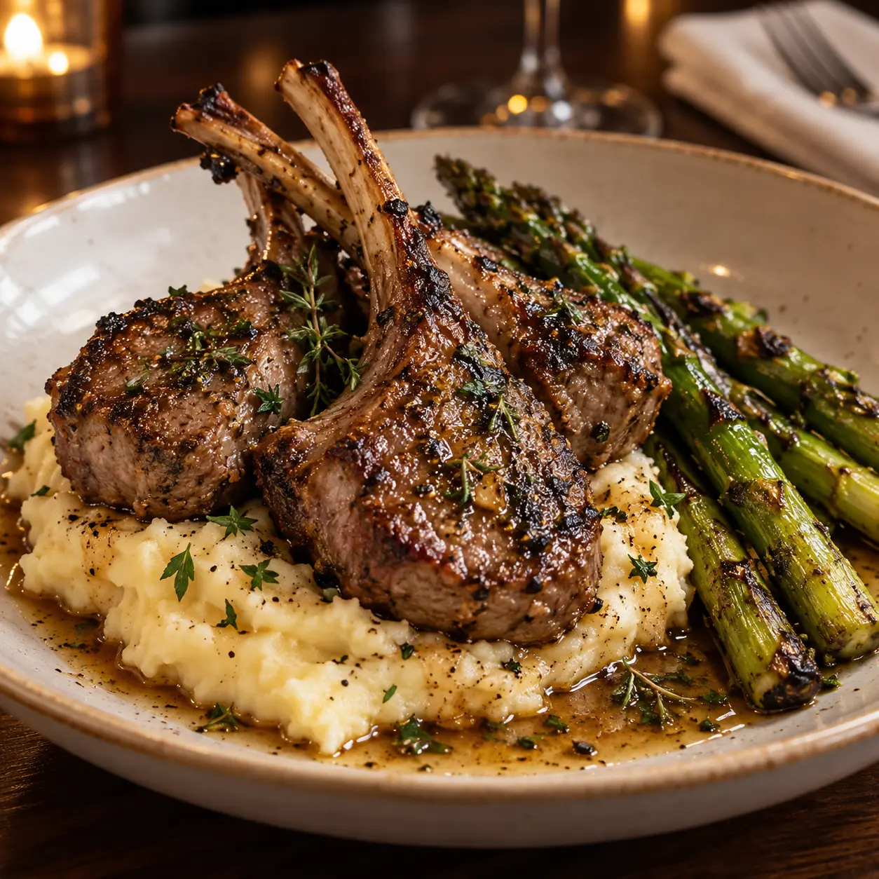 Grilled lamb chops with mashed potatoes and asparagus