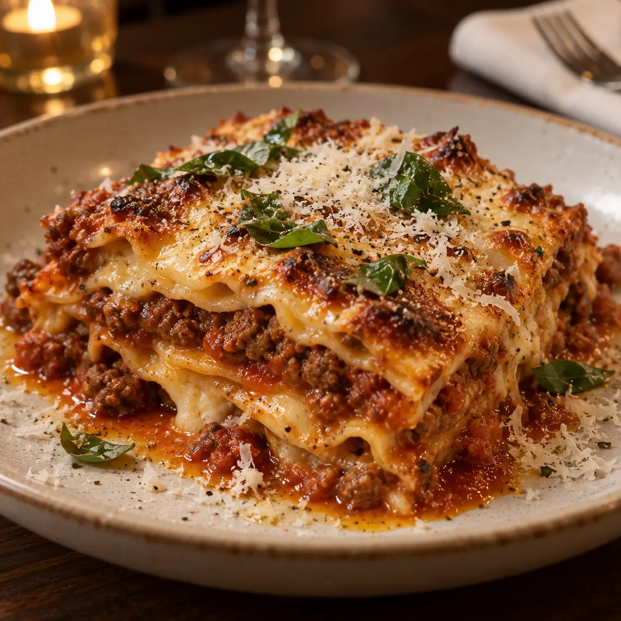 Layered lasagna with tomato sauce and parmesan