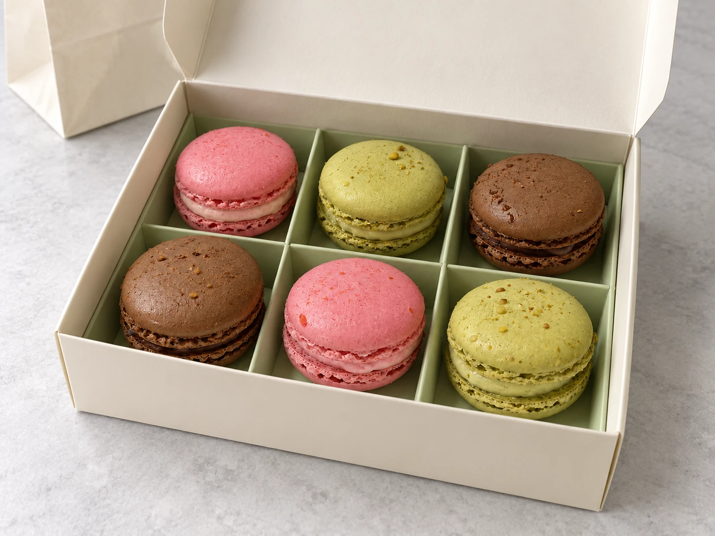 Six pink, pistachio and cocoa macarons in a premium delivery box with natural daylight