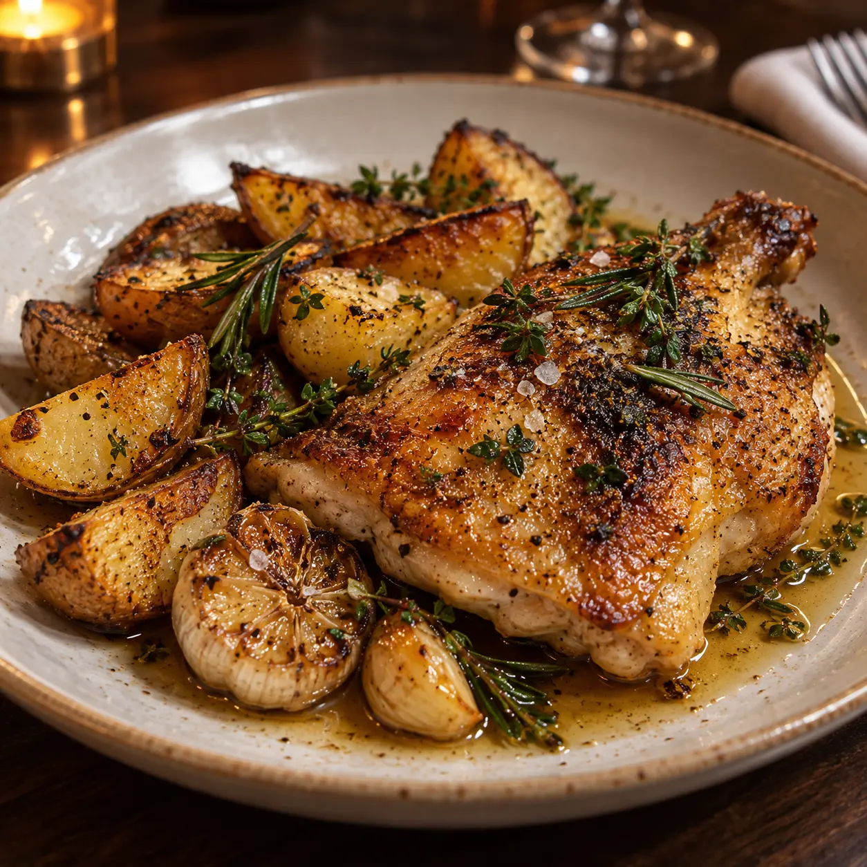 Roasted chicken with potatoes and herbs