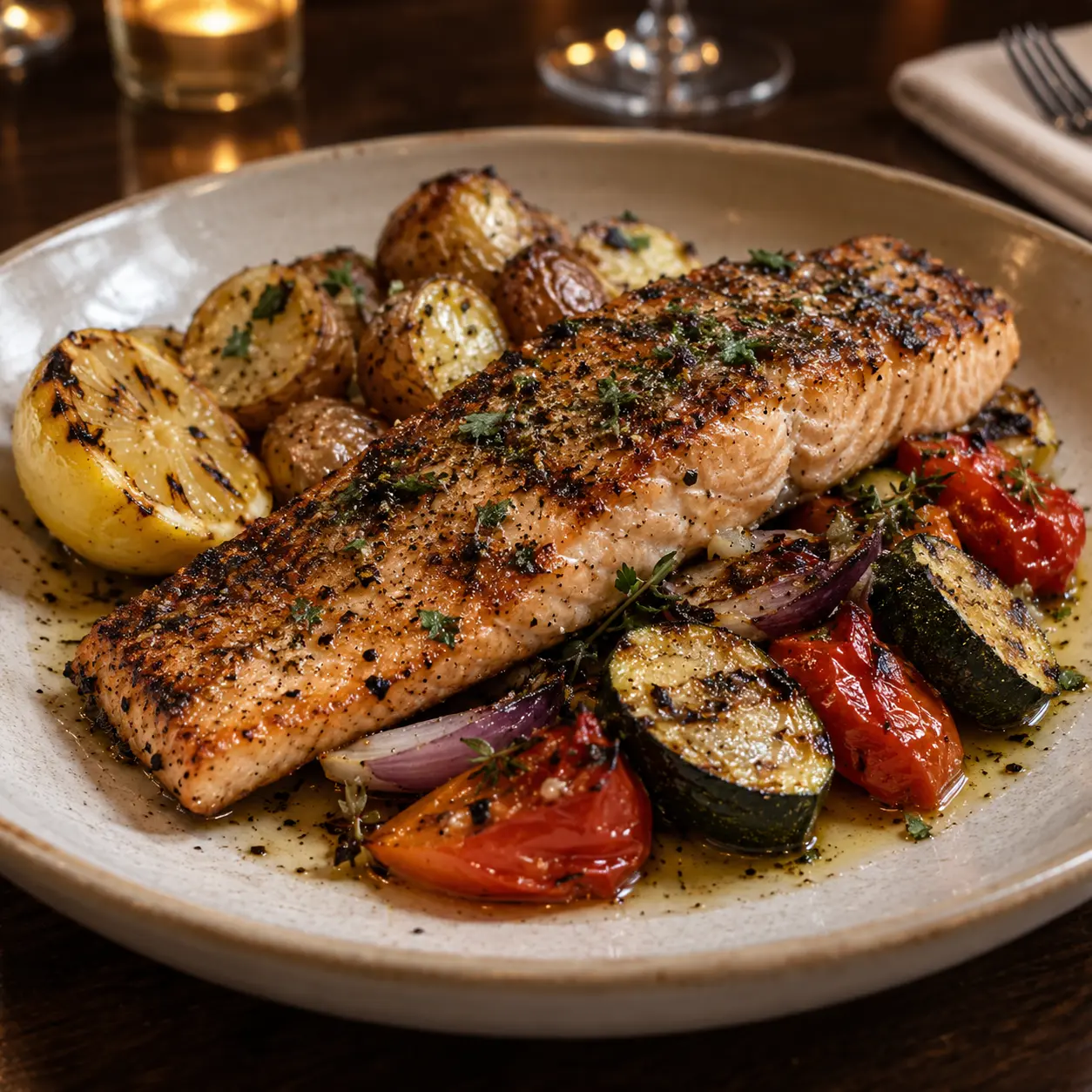 Roasted salmon with potatoes and vegetables
