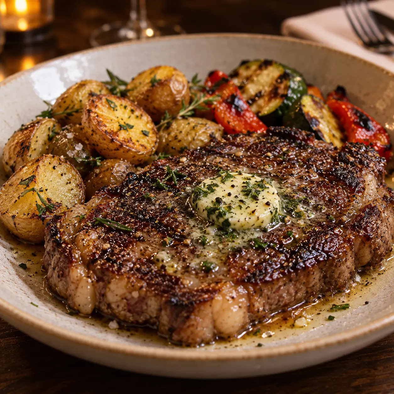 Grilled steak with herb butter and vegetables
