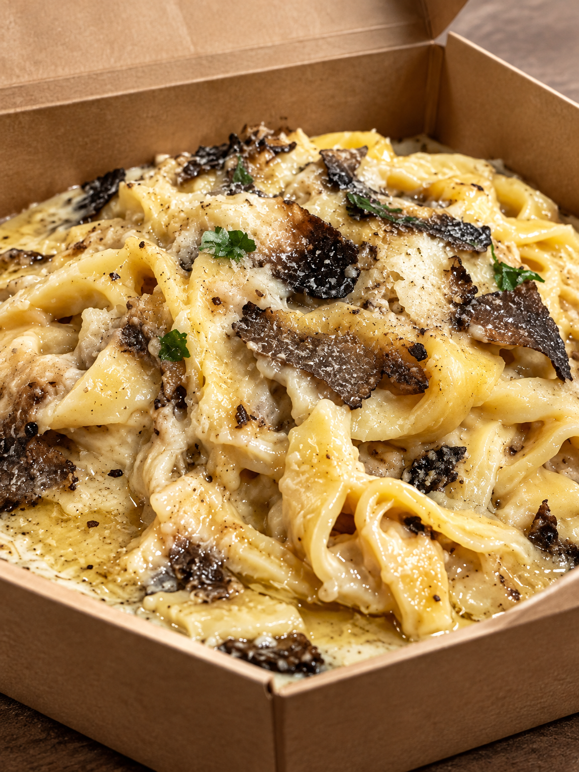 Truffle pasta in takeaway packaging, photographed for a delivery listing