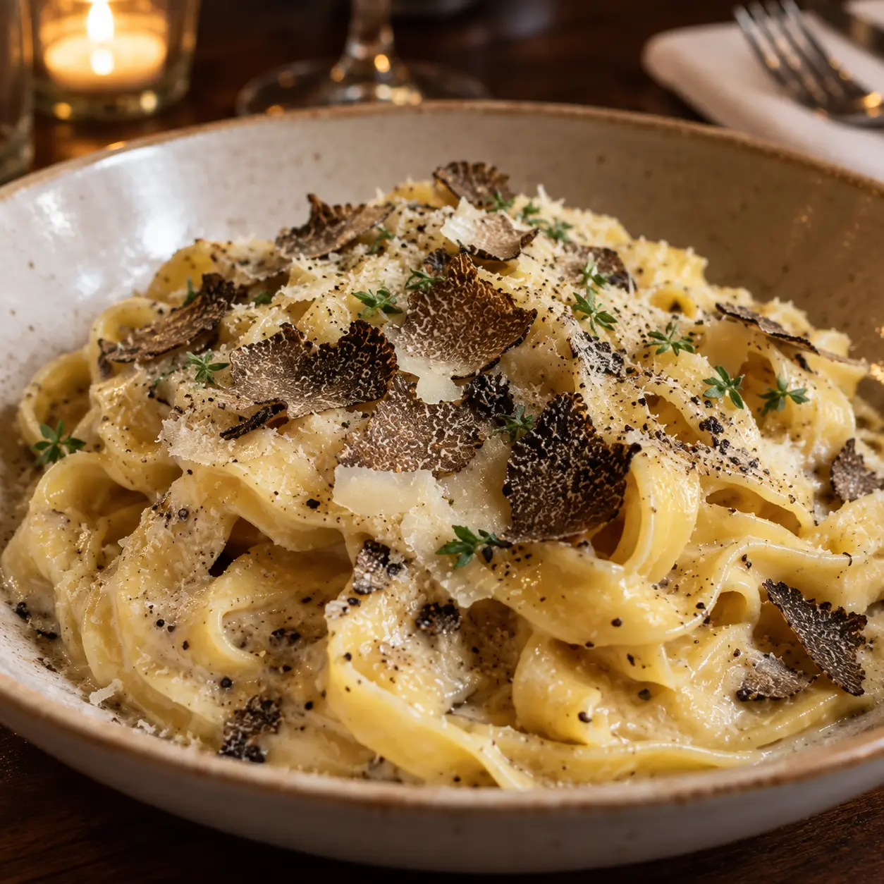 Creamy truffle pasta in a ceramic bowl